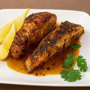 Grilled salmon with lemon wedges Baytown TX