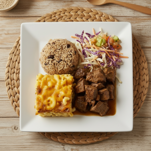 Delicious Caribbean beef meal with sides Baytown TX