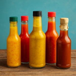 Colorful sauce bottles displayed on wooden surface Baytown TX